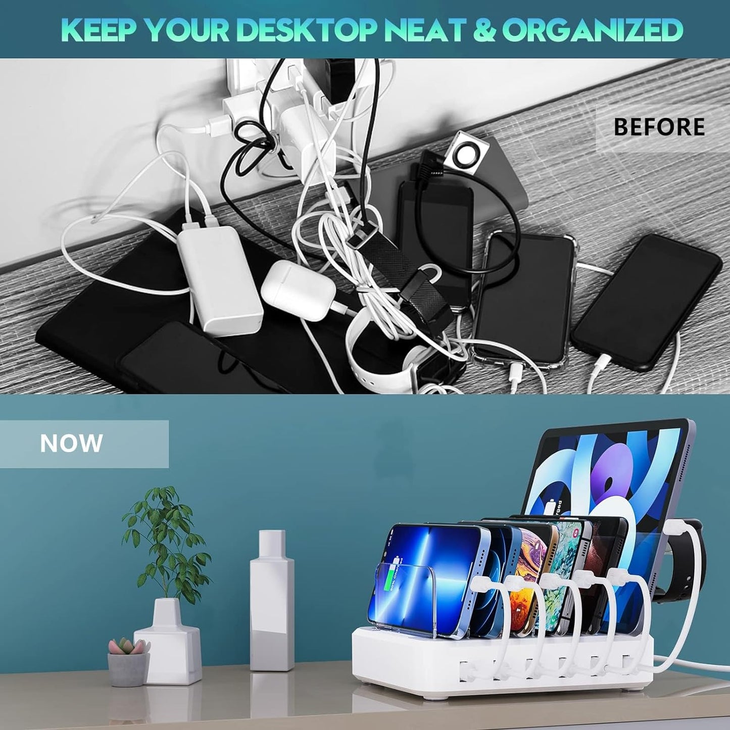 Premium 6-in-1 multi-device fast charging station. USB hub & organizer for phones, tablets, & electronics.