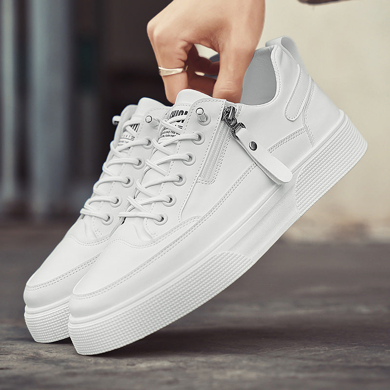 Sleek white men's casual sneakers, modern aesthetic for everyday style, comfortable and durable.