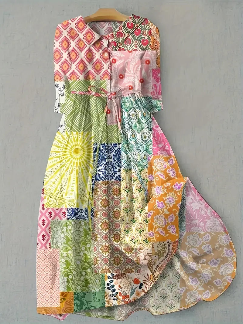 Comfortable women's floral summer dress with short sleeves, multi-color pattern, perfect for casual elegance or vacation.