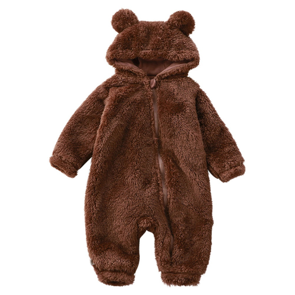 Warm baby flannel onesie featuring a cute cartoon bear design. Perfect winter romper for infants & toddlers.