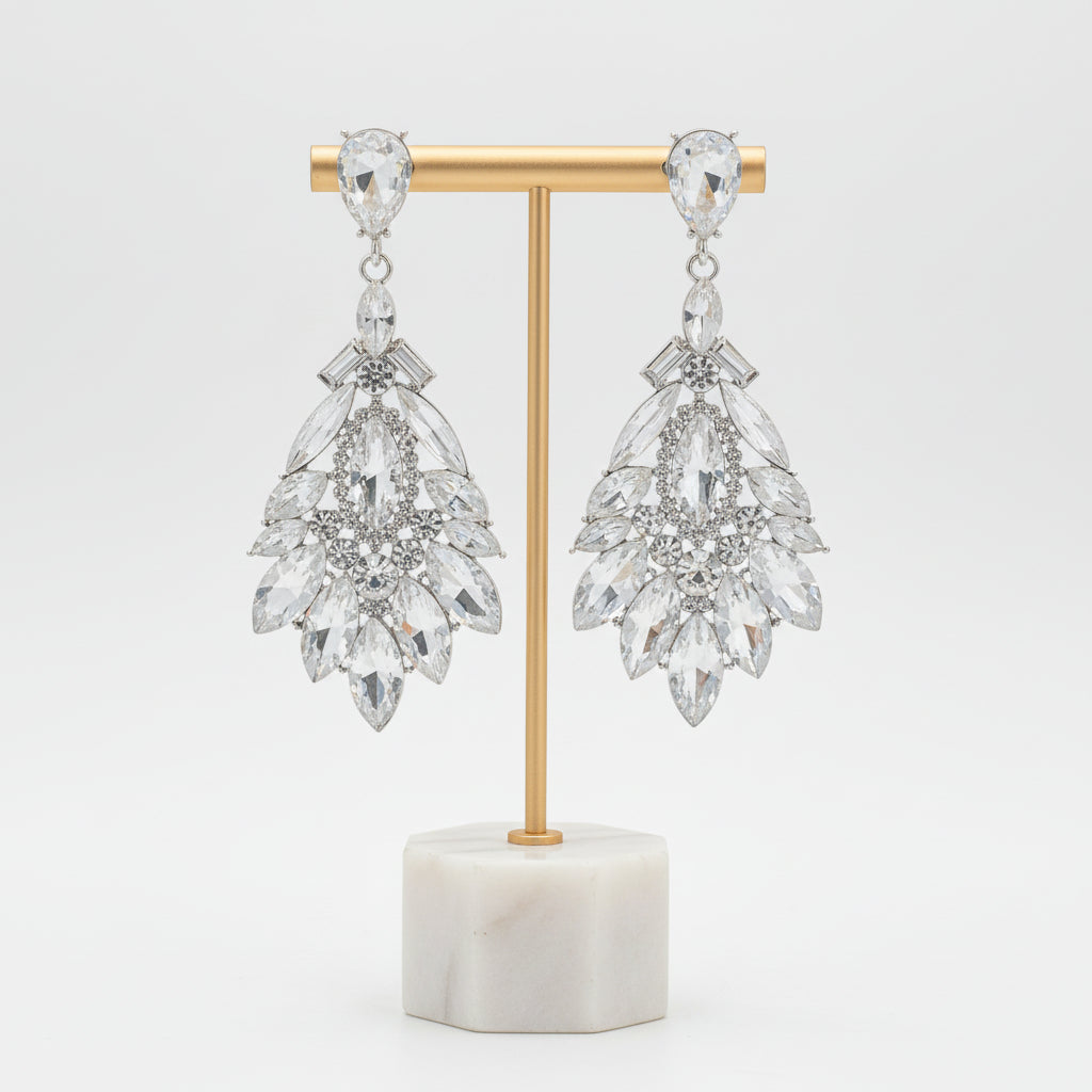 Fashionable women's crystal drop earrings, sparkling dangle jewelry, elegant accessory for any outfit.