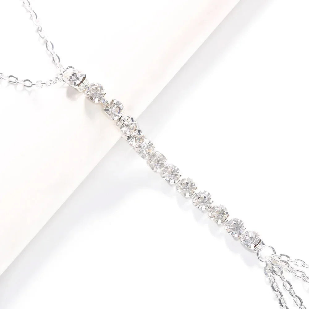 Elegant women's rhinestone chest chain necklace, a beautiful body chain for a glamorous fashion accessory look.
