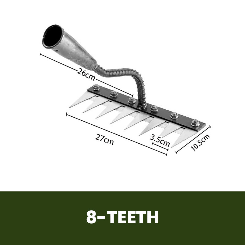Sturdy carbon steel garden rake head; a vital lawn care, soil scarifier, and versatile gardening tool.