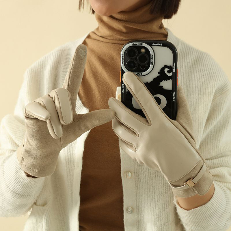 Women's elegant leather touchscreen gloves. Warm, stylish winter accessories for tech-savvy fashion.
