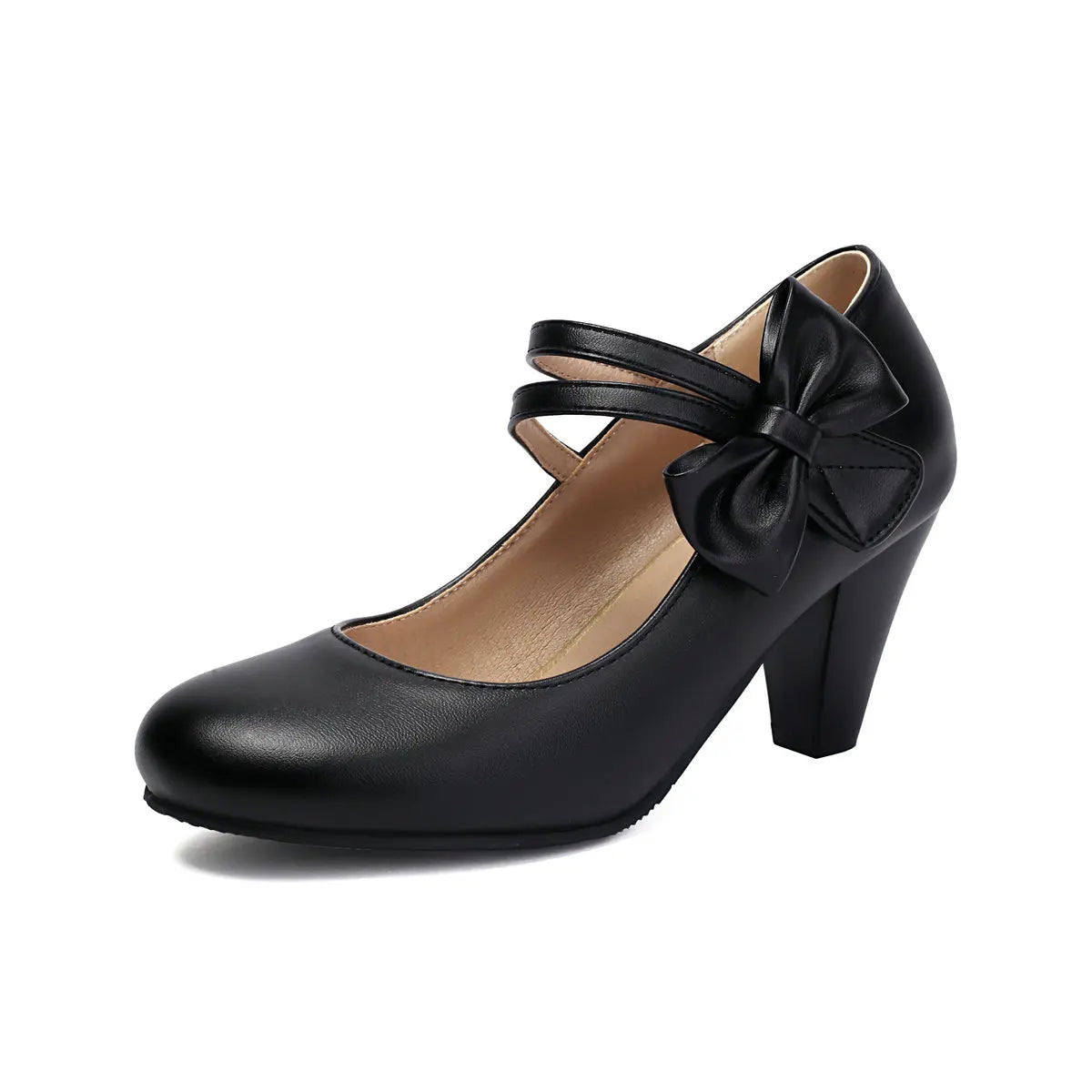 Elegant bow accent block heels for women. A comfortable and stylish footwear option for any occasion.