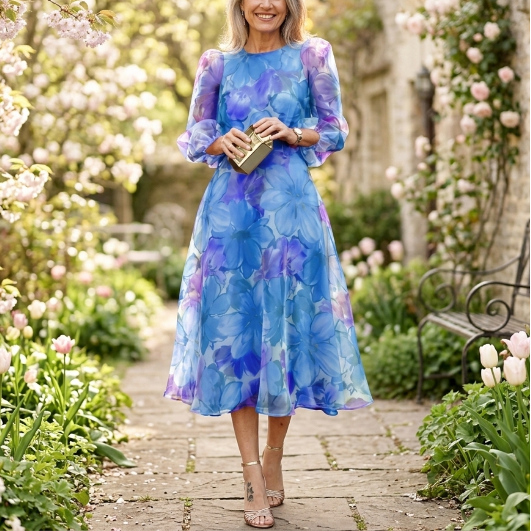 Fashionable blue floral print midi dress. A stylish and comfortable women's dress for special events.