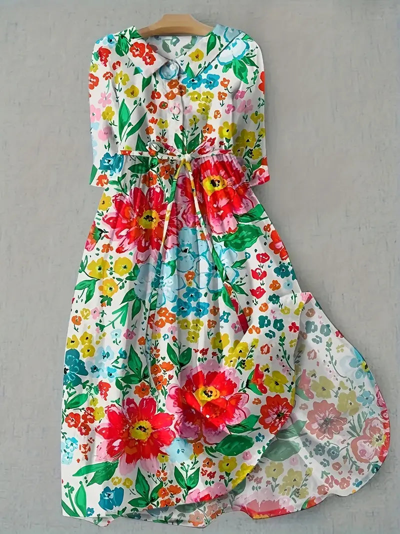 Elegant women's floral midi dress with short sleeves for comfortable, versatile summer and everyday wear.