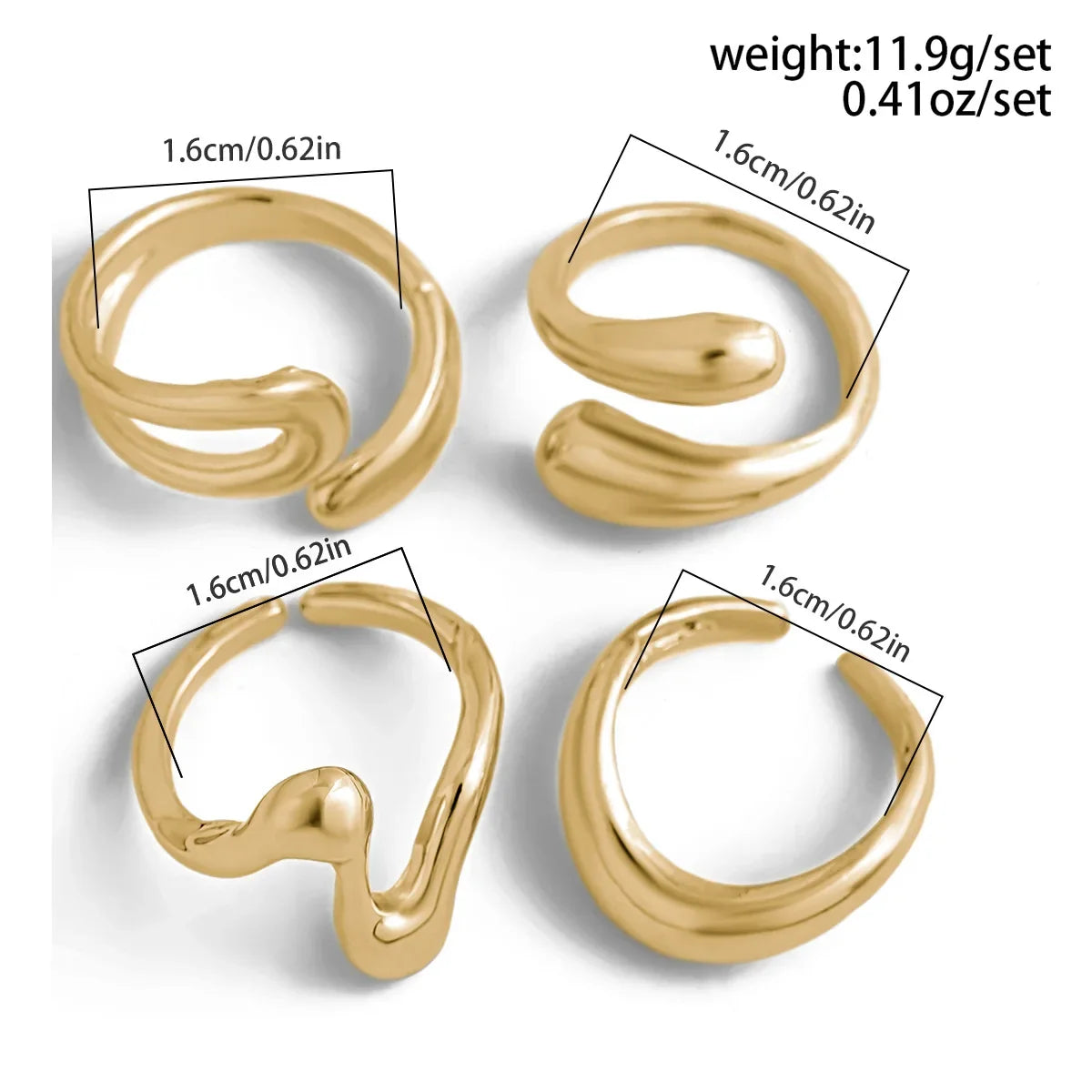 Delicate women's sculptural ring set, gold with a unique fluid and modern design.
