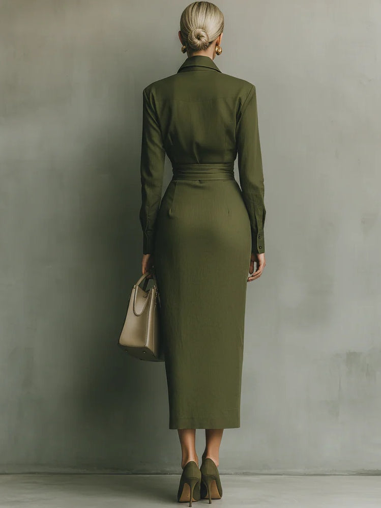 Timeless women's elegant green wrap midi dress with long sleeves & V-neck, a sophisticated choice for parties or work.
