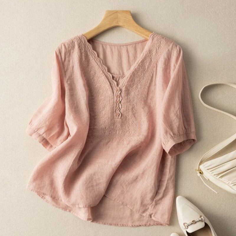 Women's elegant embroidered long sleeve blouse, flowy relaxed fit shirt with button-up detail, ideal for spring/summer.