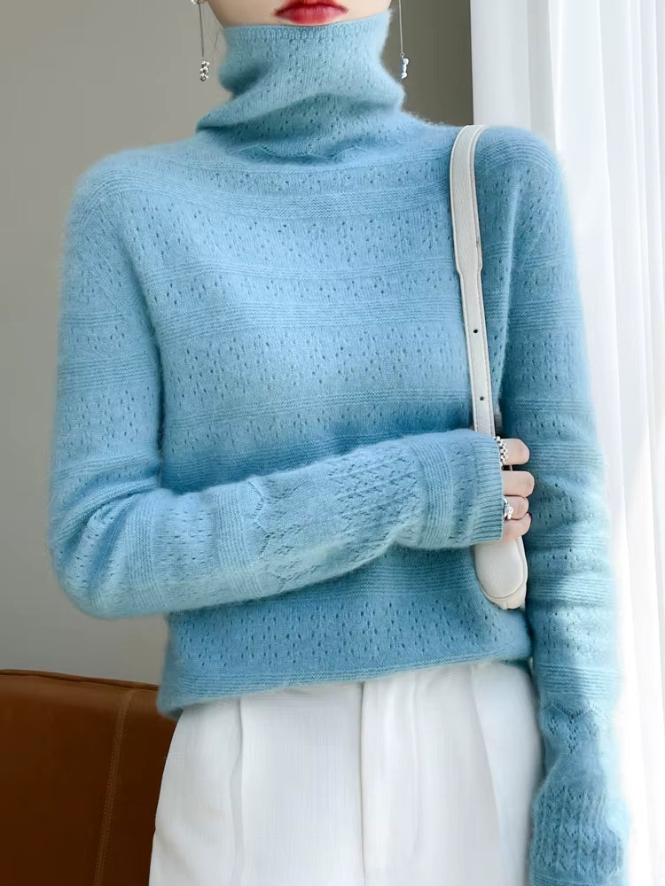 Women's elegant turtleneck pullover sweater, a cozy and versatile staple for fall and winter fashion.