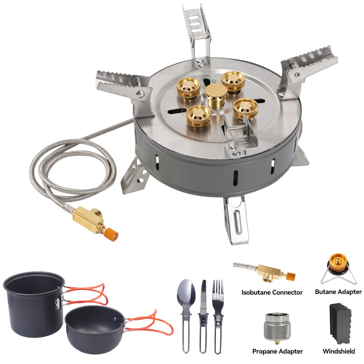 Portable camping cookware, featuring a powerful and foldable gas stove for on-the-go cooking.