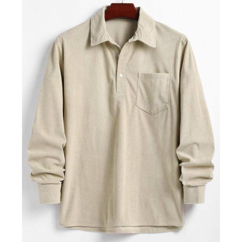 Beige men's durable long-sleeve button-up casual shirt, prewashed for a comfortable classic everyday fit.