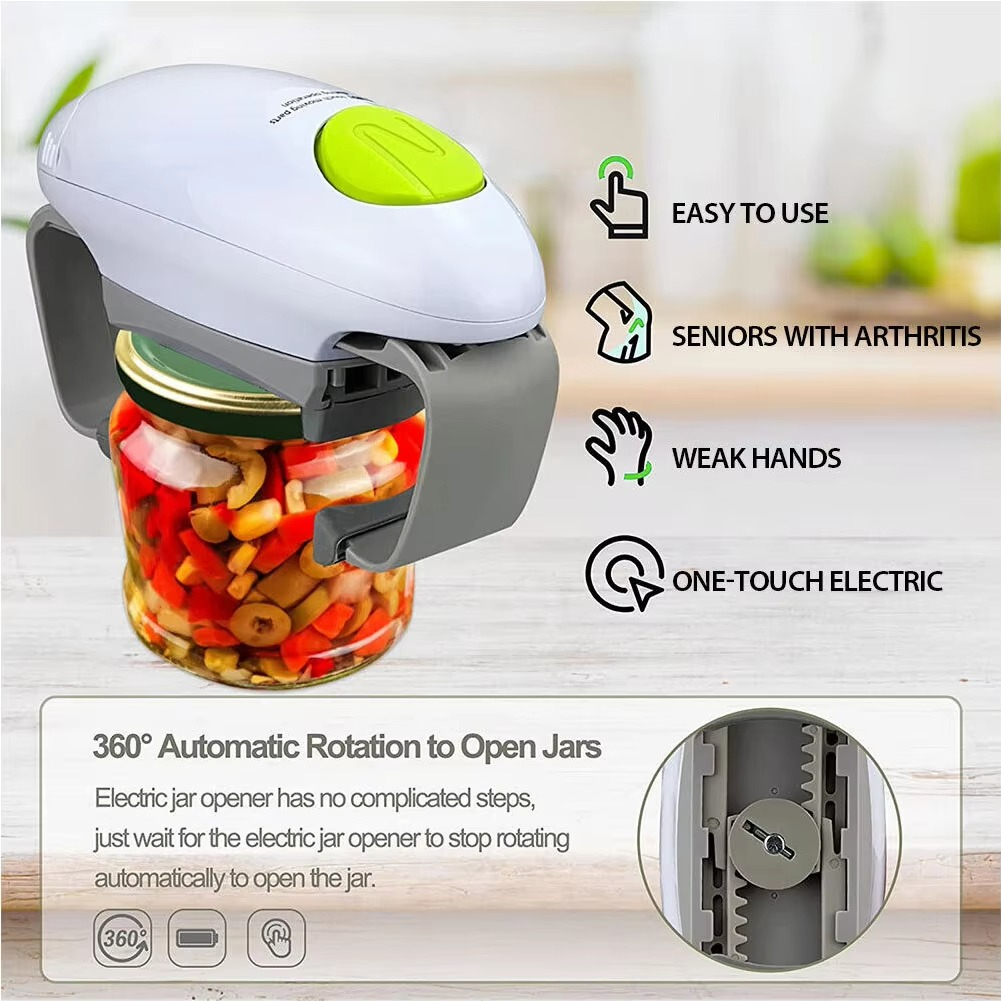 Compact automatic can & jar opener on a kitchen counter, an essential effortless kitchen tool for modern homes.