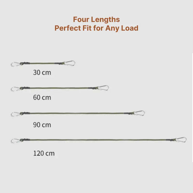 Camping accessory 6-pack: heavy-duty elastic bungee cords with carabiner, essential for storage.