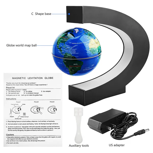 Unique magnetic levitating globe with dazzling LED light display, an impressive desk accessory for any space.