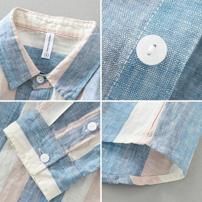 Men's casual long-sleeve striped shirt, button-up style for versatile spring and summer men's fashion.