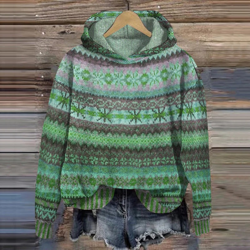 Men's green Norwegian knit sweater, a warm & casual pullover. Ideal for winter fashion & comfort.