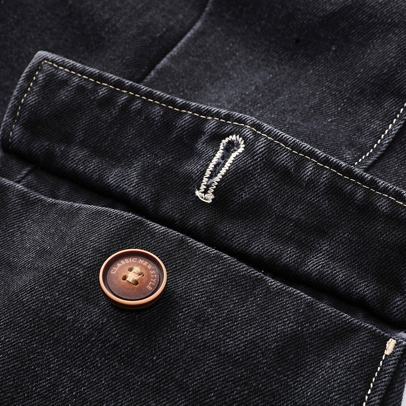 Gray vintage style men's denim jacket, classic button-up, versatile casual fashion outerwear.