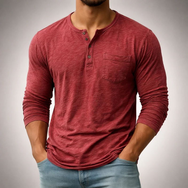 Versatile men's long sleeve henley, a classic casual top with button detail, perfect for comfortable daily style.