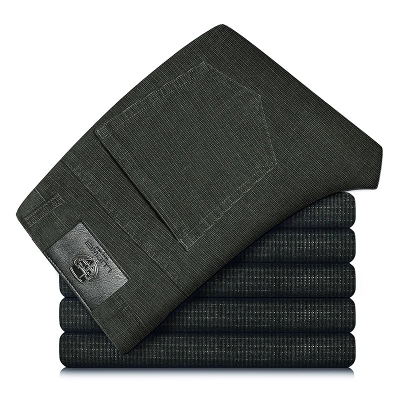 Detailed view of men's classic stretch corduroy pants, highlighting fabric texture & straight leg fit.