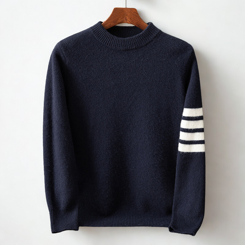 Modern men's striped knitwear pullover. Cozy long sleeve sweater with a crew neck, great for everyday winter fashion.