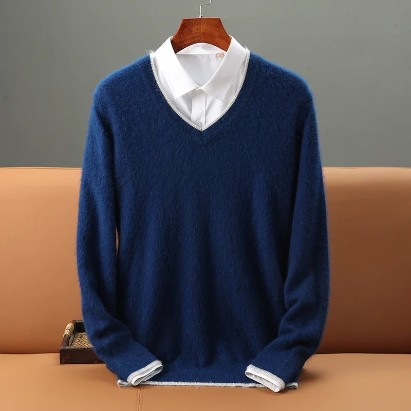 Men's fashion V-neck sweater, a cozy long sleeve choice for casual comfort & winter style.