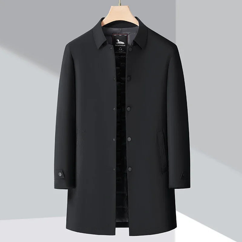 Classic men's elegant winter trench coat, essential insulated outerwear for a sleek, business casual urban style.