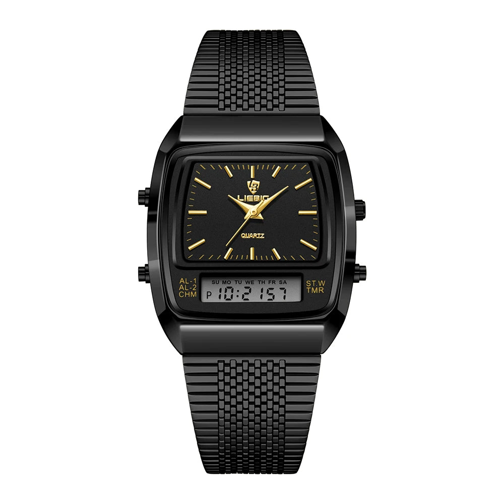 Modern classic men's hybrid analog digital dress watch, precision quartz movement & elegant design.