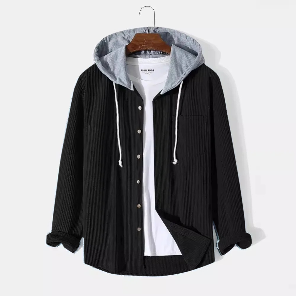 Comfortable men's long sleeve hooded button-up shirt, a lightweight casual top for autumn layering.