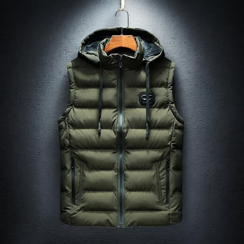 Comfortable men's hooded puffer vest for layering. Lightweight insulated outerwear, ideal for active & casual wear.