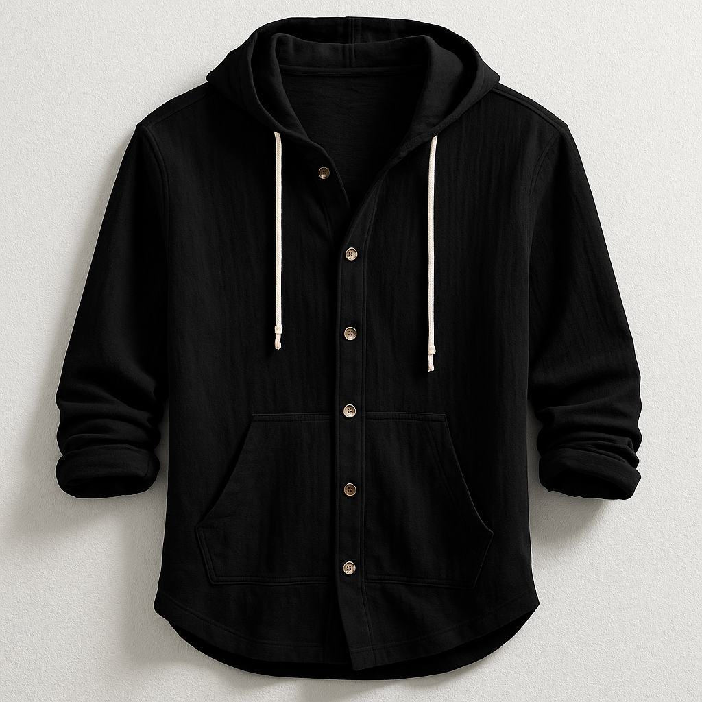 Relaxed fit men's lightweight oxford hoodie shirt, comfortable and stylish for casual wear.