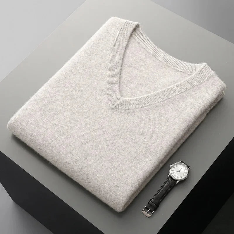 Premium men's fine cashmere V-neck vest, a luxurious and soft sleeveless sweater for ultimate comfort.