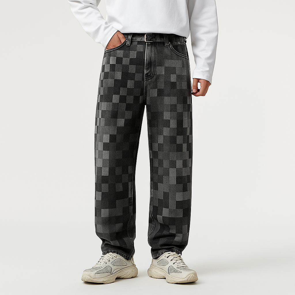 Retro style men's mosaic jeans. Unique pixelated design with a relaxed straight leg, ideal for casual streetwear.