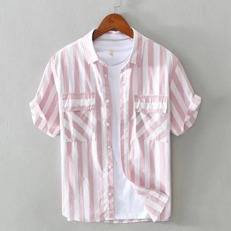 Stylish men's striped short-sleeve shirt. Tailored button-up, perfect casual summer fashion for travel & resorts.