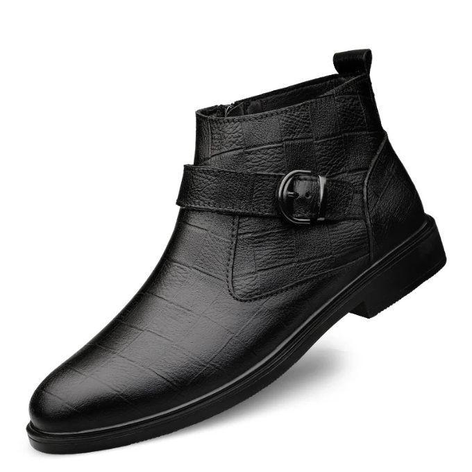 Sleek black men's premium leather casual boots, designed with easy-on zipper & classic buckle for modern style.