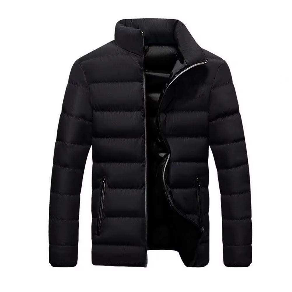 Full shot of a men's stylish puffer jacket, featuring a modern quilted pattern & all-weather warmth.