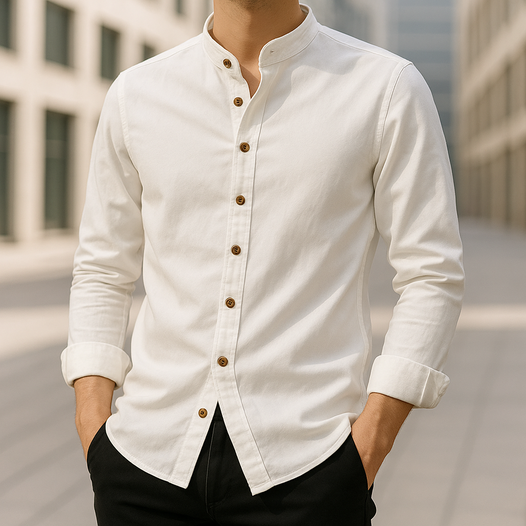 Versatile men's relaxed fit casual shirt with a Japanese style and stand collar, great for modern summer fashion.