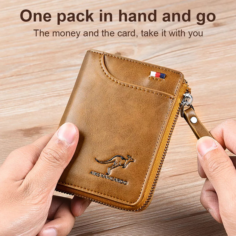 Compact men's RFID blocking zipper wallet. Multi credit card holder, secure PU leather card case. Black, brown, khaki.