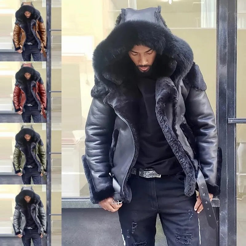 Men's outdoor winter motorcycle jacket. Warm, windproof sheepskin leather with a protective fur hood.