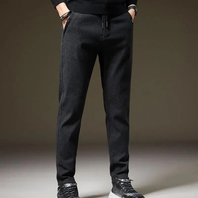 Close-up of comfortable men's slim fit pants fabric, showcasing quality & wrinkle-resistant texture.