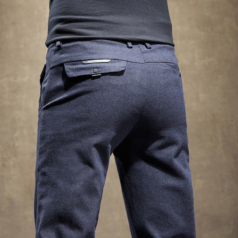 Elegant men's slim fit tailored pants, a modern comfort essential for dressy, office, or casual styles.