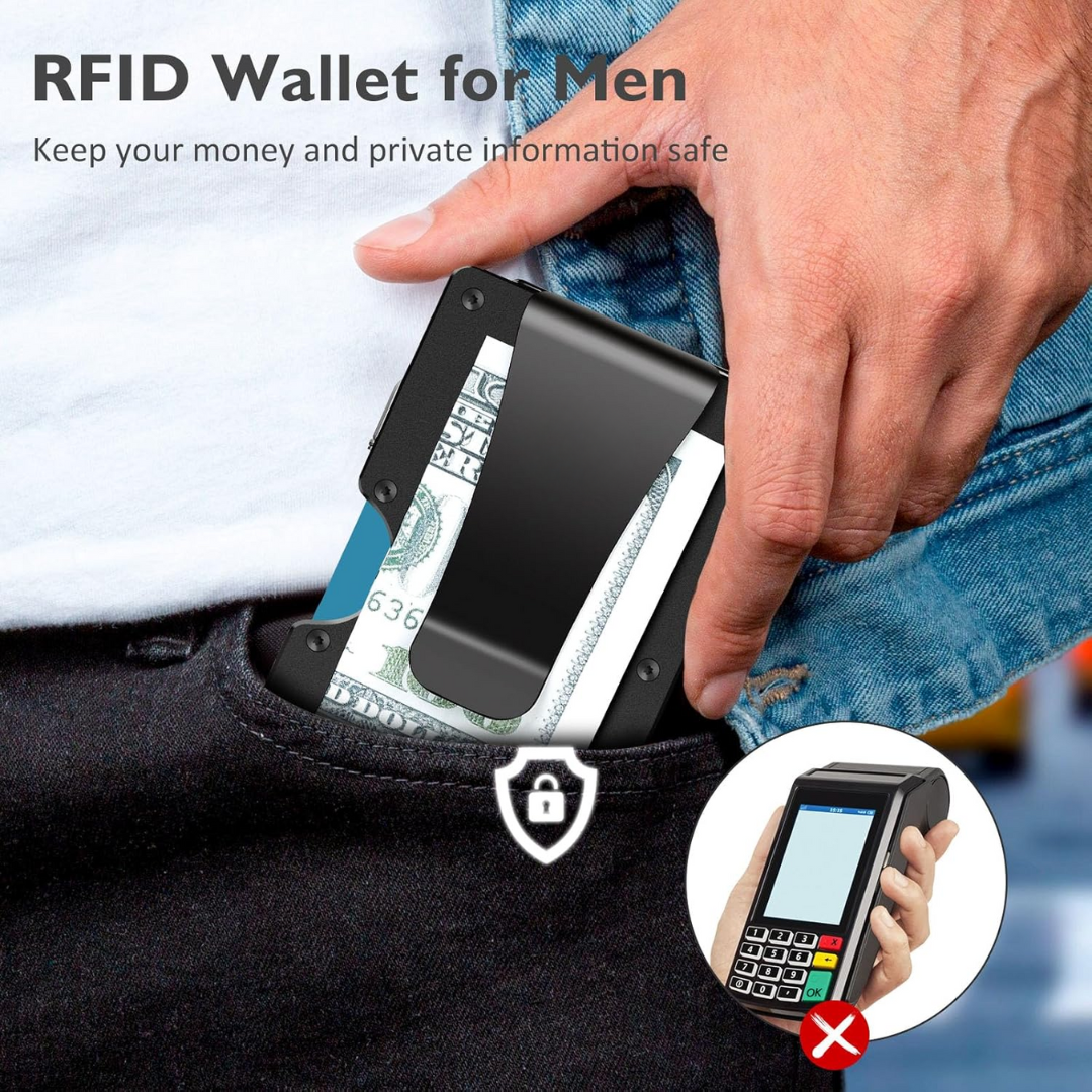 Stylish men's RFID-blocking carbon fiber wallet, slim for front pocket use, with a secure money clip.