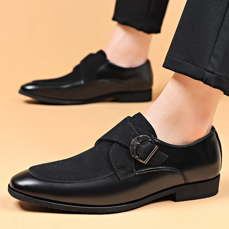 Professional men's black leather slip-on loafers, perfect for office wear, business, or sophisticated smart casual.