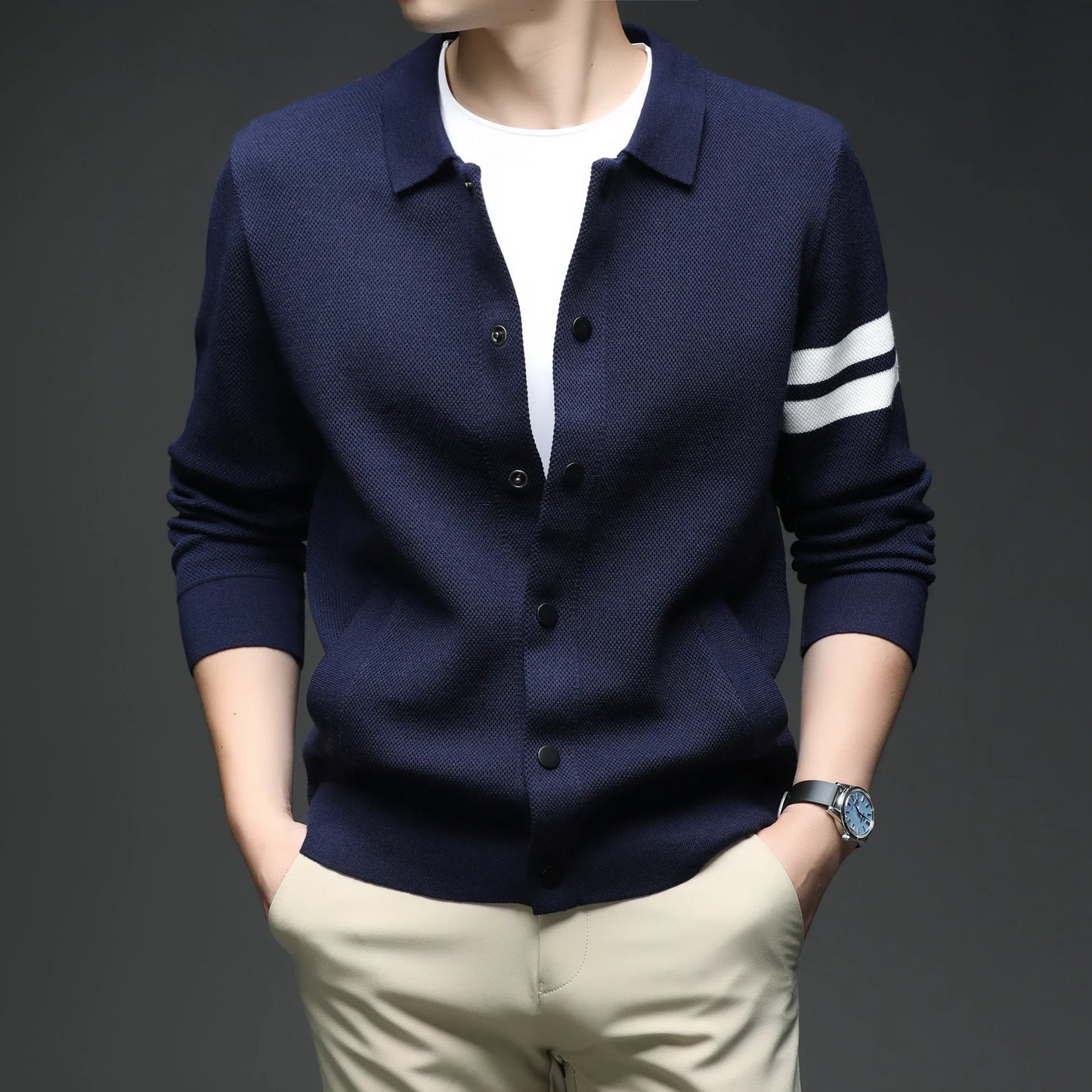 Versatile men's striped collar cardigan jacket, offering a sophisticated casual look and light warmth.