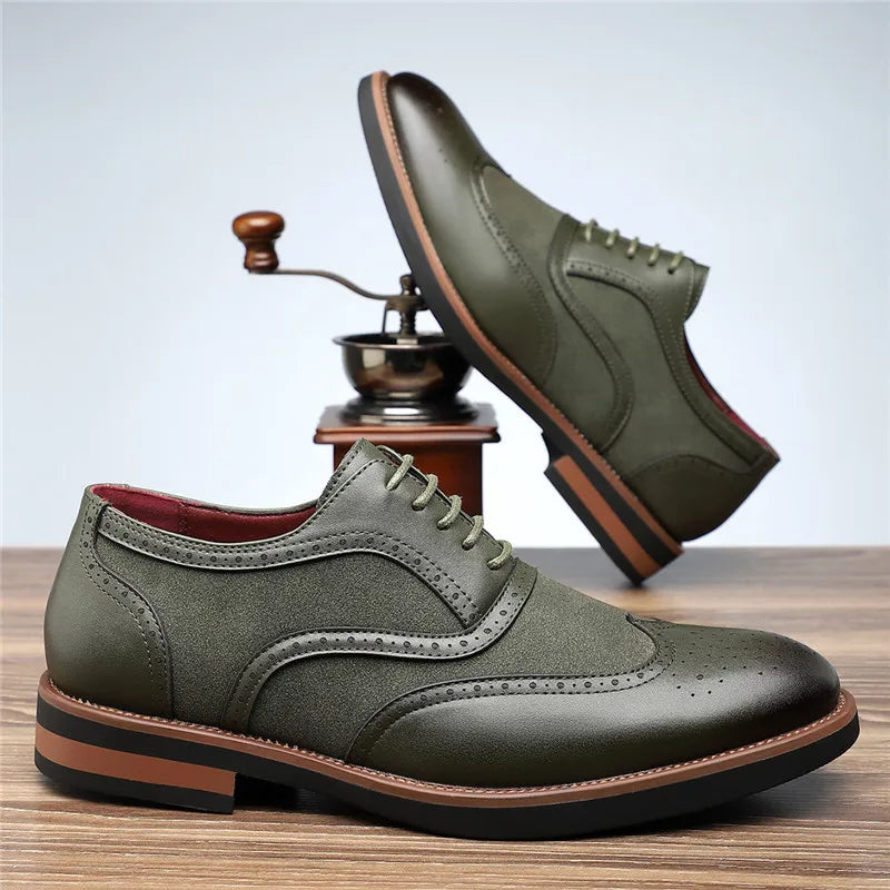 Sophisticated men's two-tone brogue oxfords, perfect for formal wear and smart casual outfits.