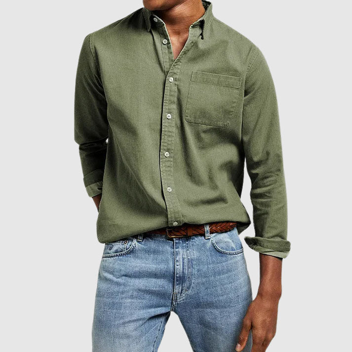 Durable men's versatile button-down shirt, long sleeve, designed for comfortable everyday wear and office style.