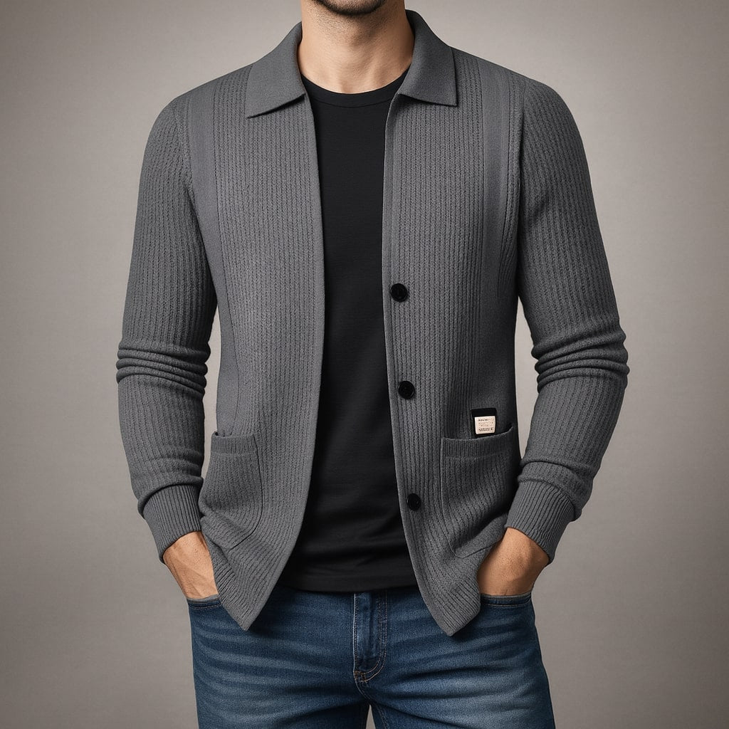 Mens everyday wear textured cardigan. A versatile long-sleeve sweater with a button-front and smart collared neck.