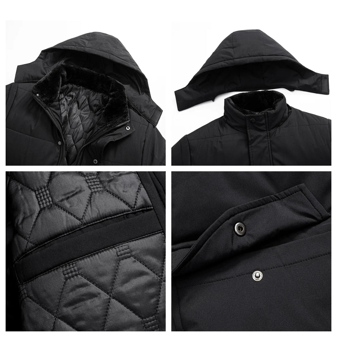 Men's black insulated puffer jacket, warm faux fur lined for ultimate cold weather protection.