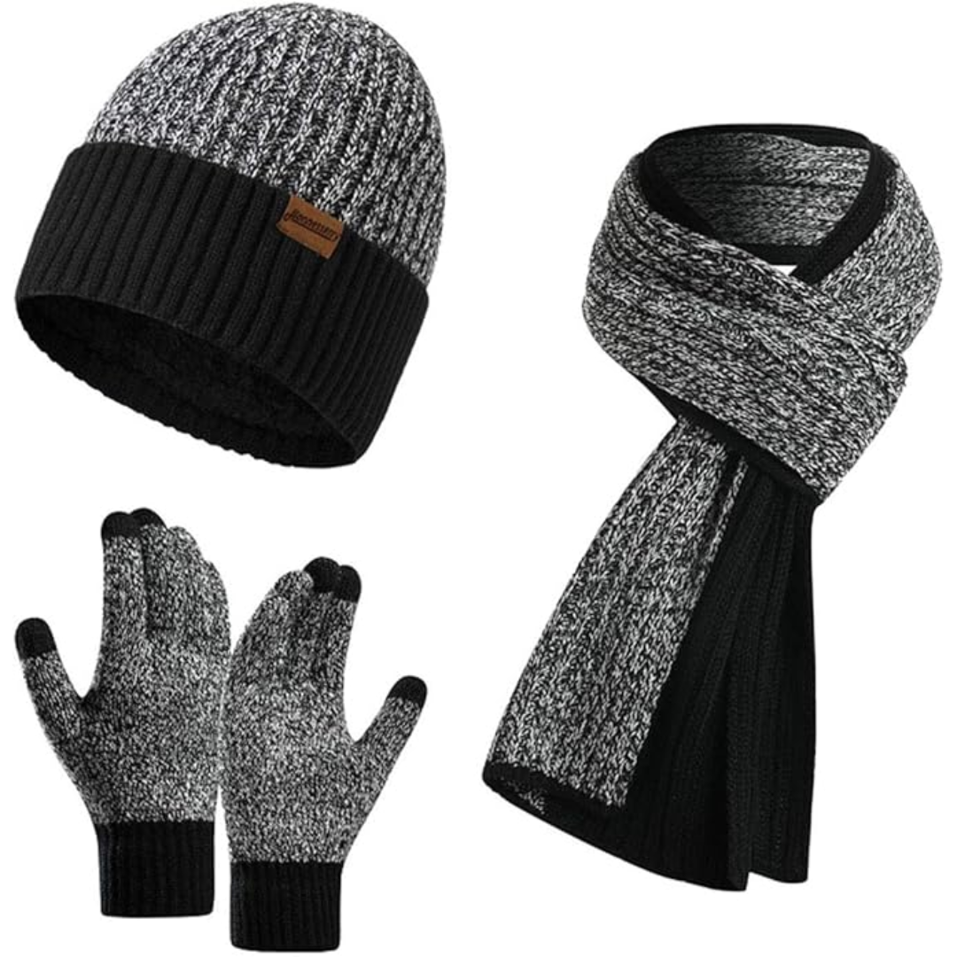 Men's fashionable winter knit set: beanie, scarf & gloves from Victor. Stay warm & connected.